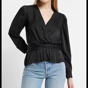 SATIN VNECK TWIST FRONT PEPLUM TOP BLACK NWT